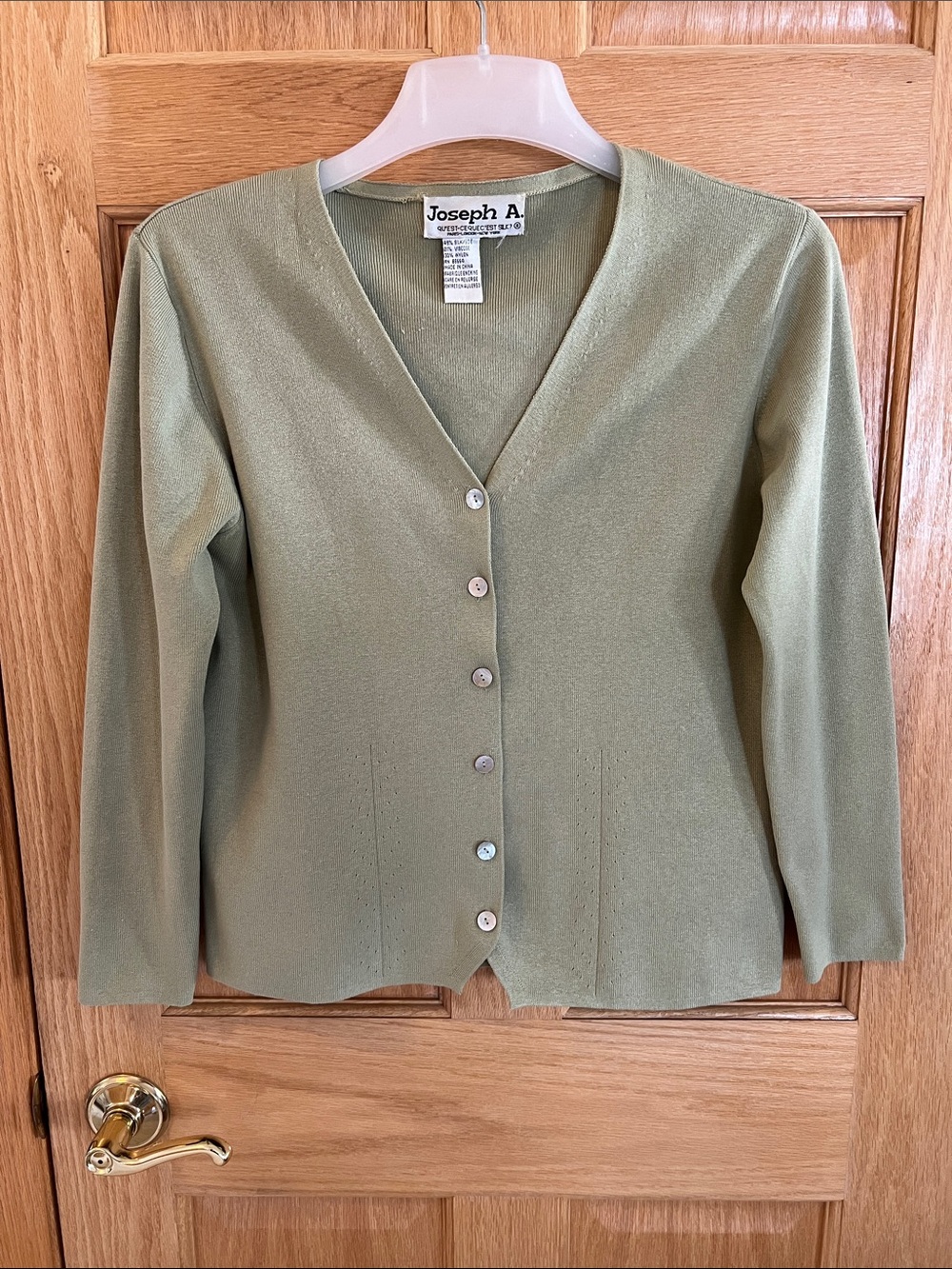 Joseph A. - Sage Green Silk V-Neck Button Front Cardigan - Medium